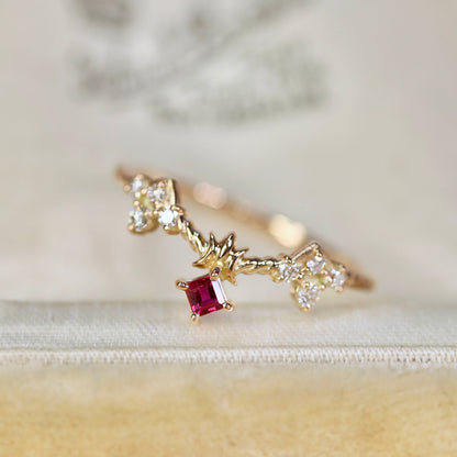 ルビー 0.07ct ダイヤモンド 計0.09ct スクエアカット K10PG 4本爪(プレーン)×レスピレーションアーム【MJ2849】