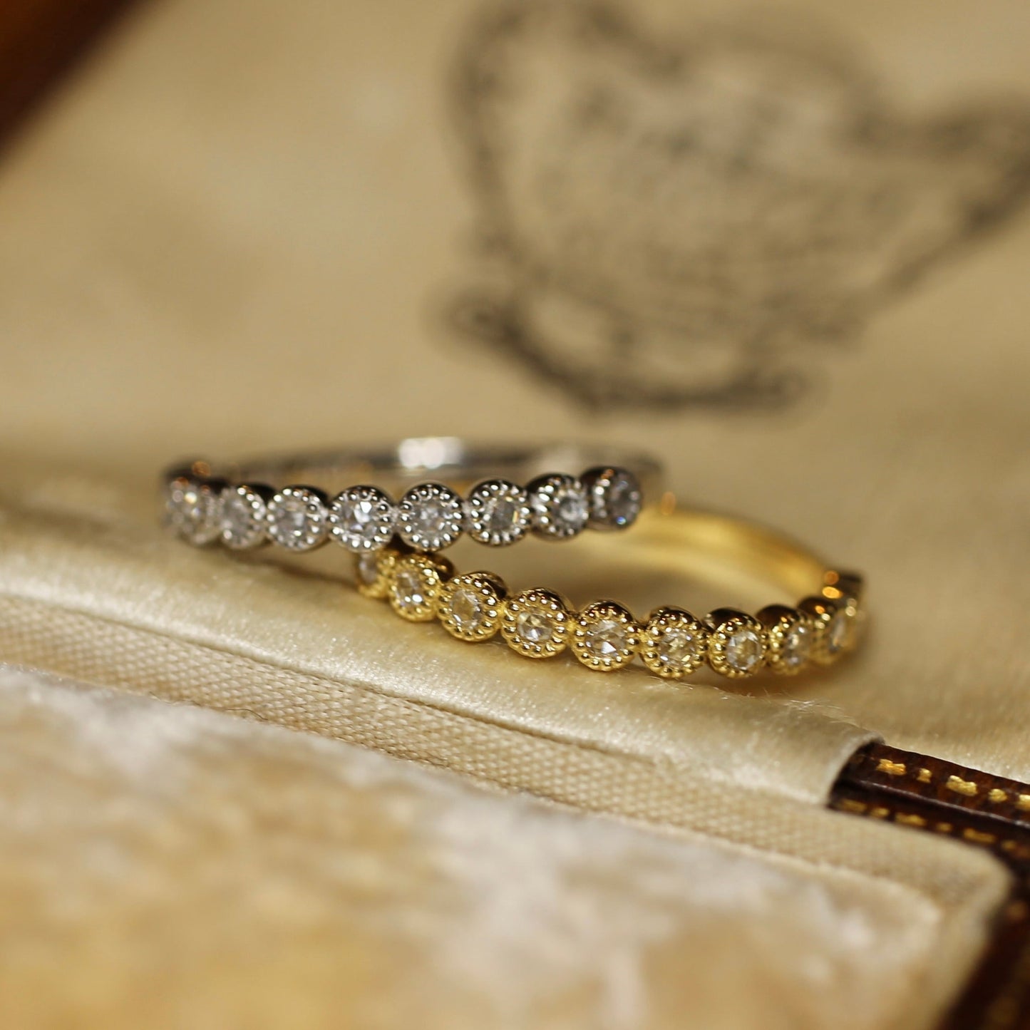 【Golden Gratitude Campaign】Half Eternity Rose Cut Diamond Ring | ミルフレーム ハーフエタニティ ローズカットダイヤモンド 0.13ct K18 Pt900【MJ2962】