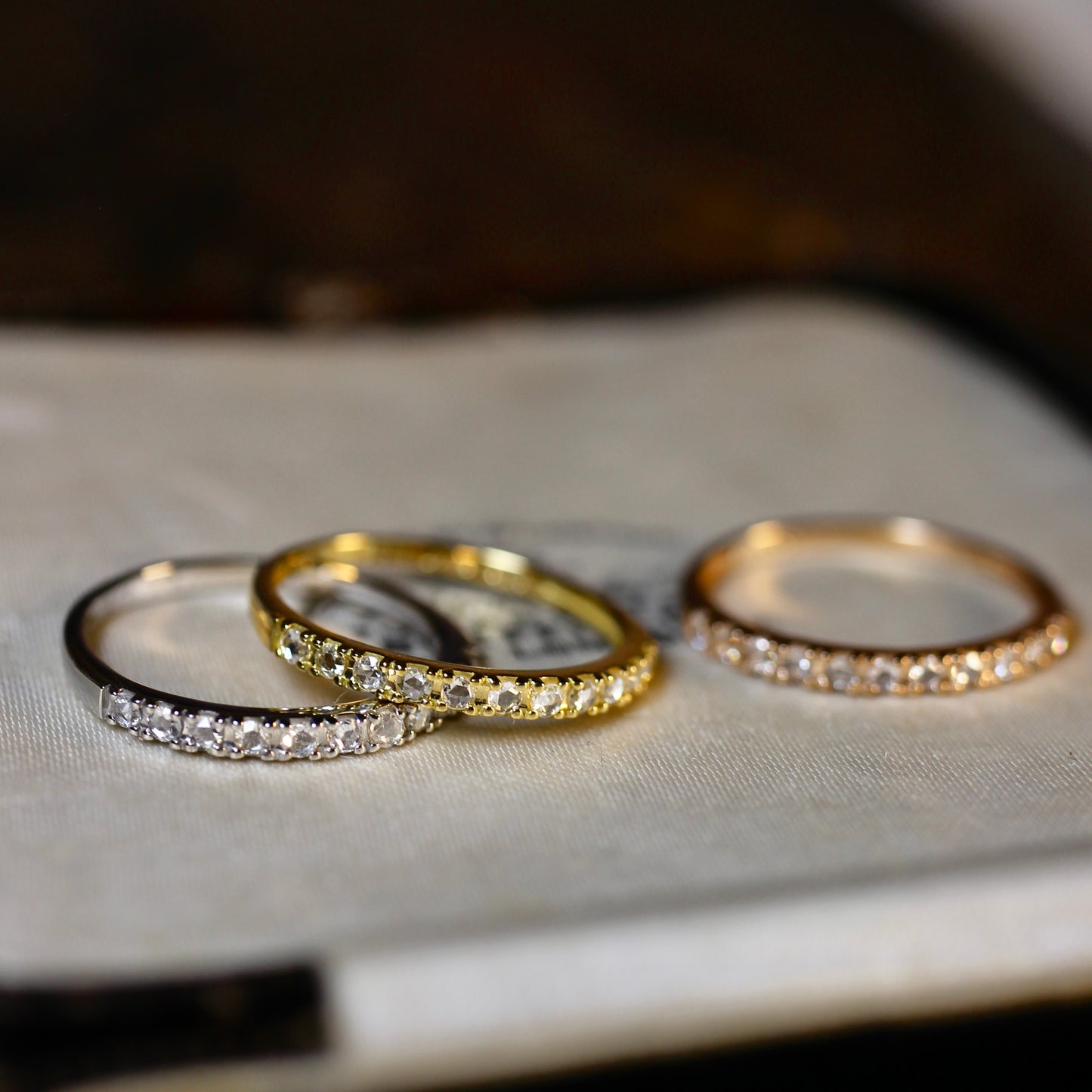 【数量・期間限定 特別価格】 18金 プラチナ ローズカットダイヤモンド ハーフエタニティリング 0.16ct K18YG K18PG Pt900 爪留め【MJ2962】