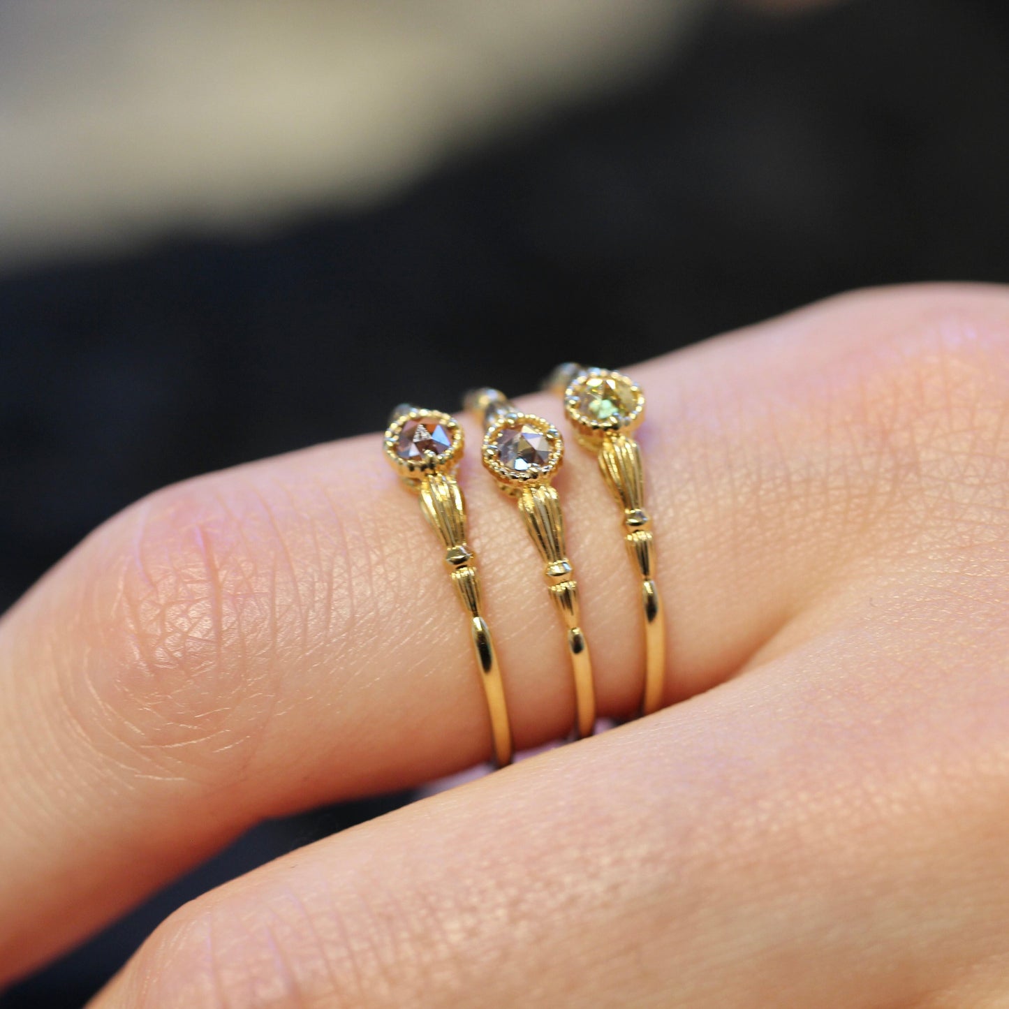 ローズカットブラウンダイヤモンド0.1ct K10YG ミルフレーム×アンティークアーム